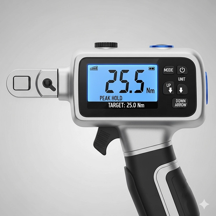 A detailed graphic of a digital bike torque wrench with a clear LCD screen displaying real-time torque values, perfect for cyclists who need a highly precise tool for their bike's delicate parts.