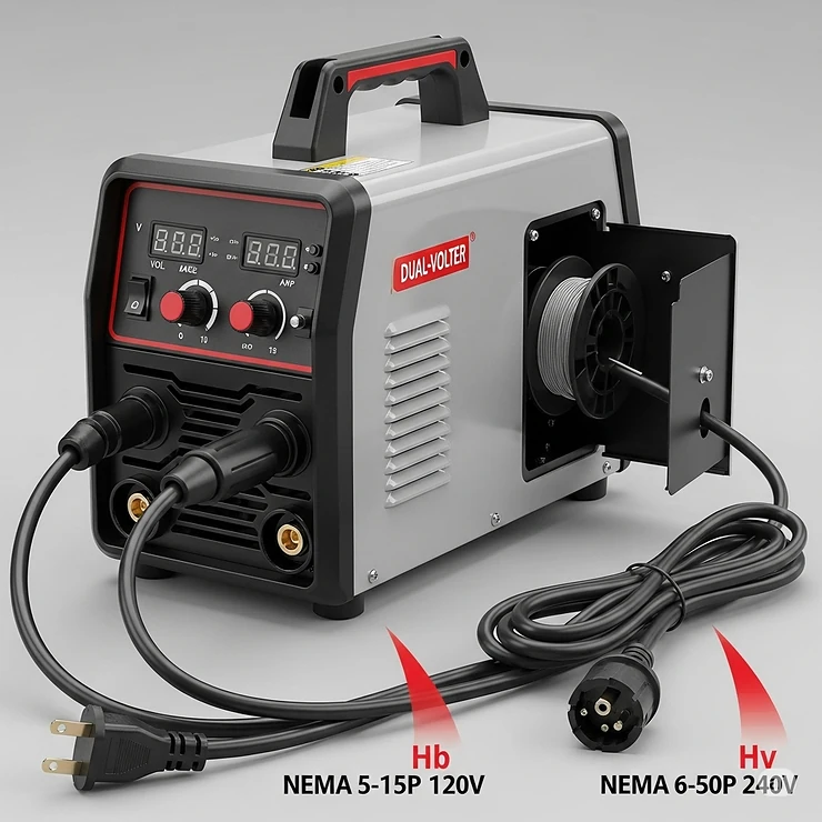 A compact and portable dual-voltage MIG welder with 120V and 240V plugs, highlighting its versatility for use in different locations and for various projects.