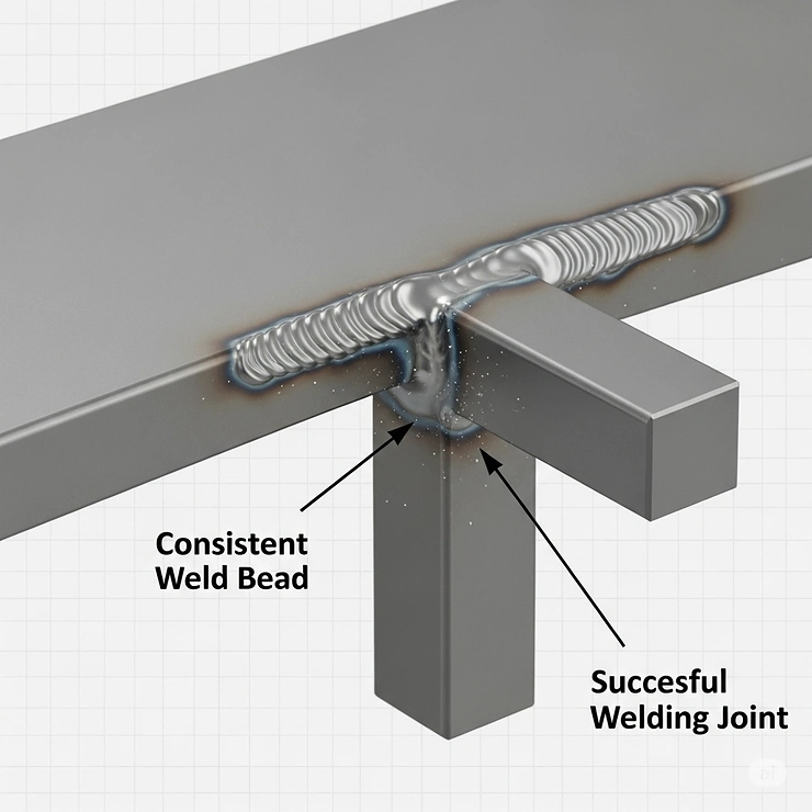 A diagram showing two pieces of metal joined by a clean, consistent weld bead, illustrating a successful welding joint that a beginner can aim to achieve.