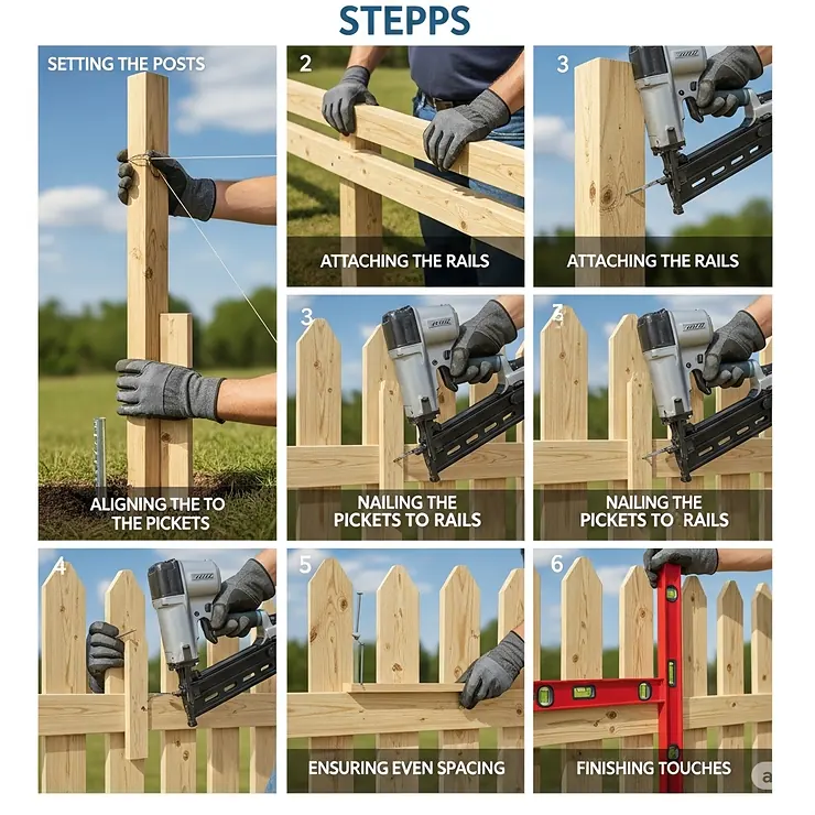 A sequence of images or a single graphic detailing the steps of building a fence using a nail gun, from attaching pickets to securing rails.