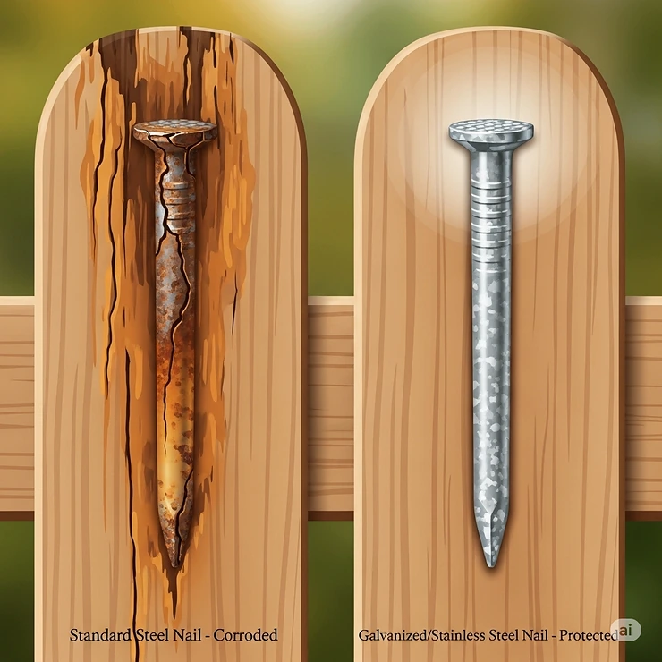 An illustration highlighting the importance of using galvanized or stainless steel nails to prevent rust and corrosion on fence pickets.