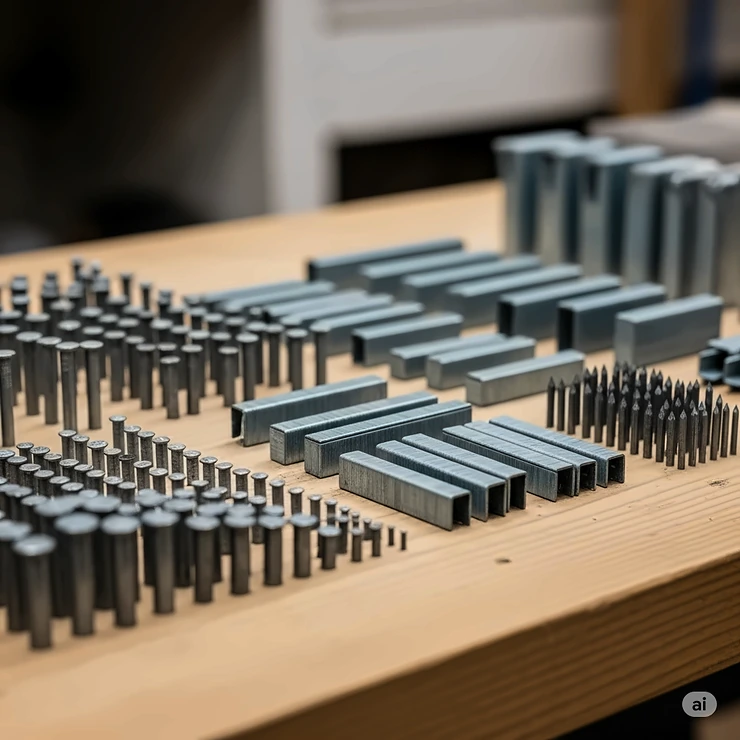 A close-up shot of a variety of fence nails and staples organized on a wooden workbench, highlighting their different sizes and finishes.