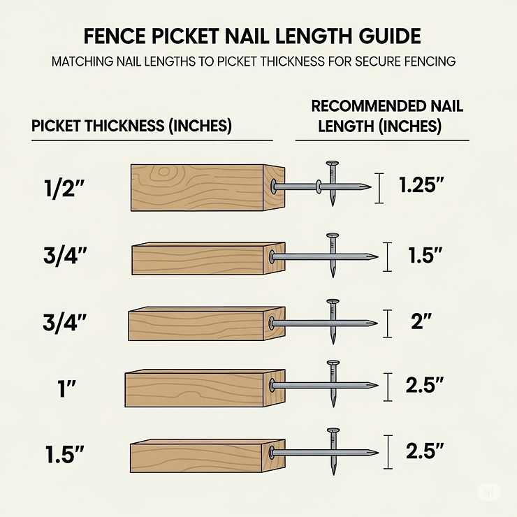 A visual chart illustrating the recommended nail lengths for various fence picket thicknesses, providing a guide on what size nails to use.
