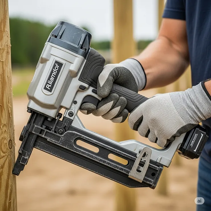 A user holding a fence post nailer, with an emphasis on the ergonomic handle and balanced design for comfortable use.