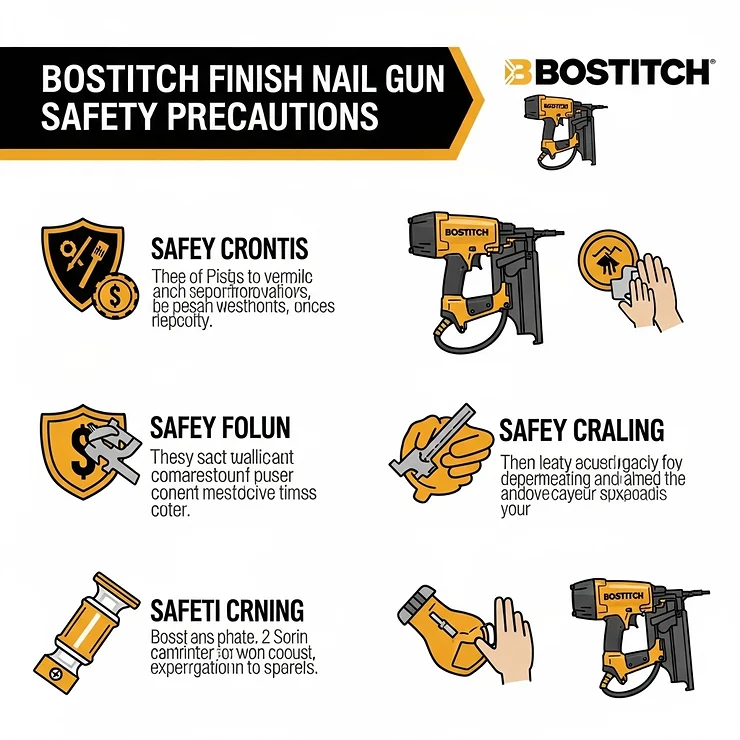 An infographic illustrating important safety precautions to follow when operating a Bostitch finish nail gun.