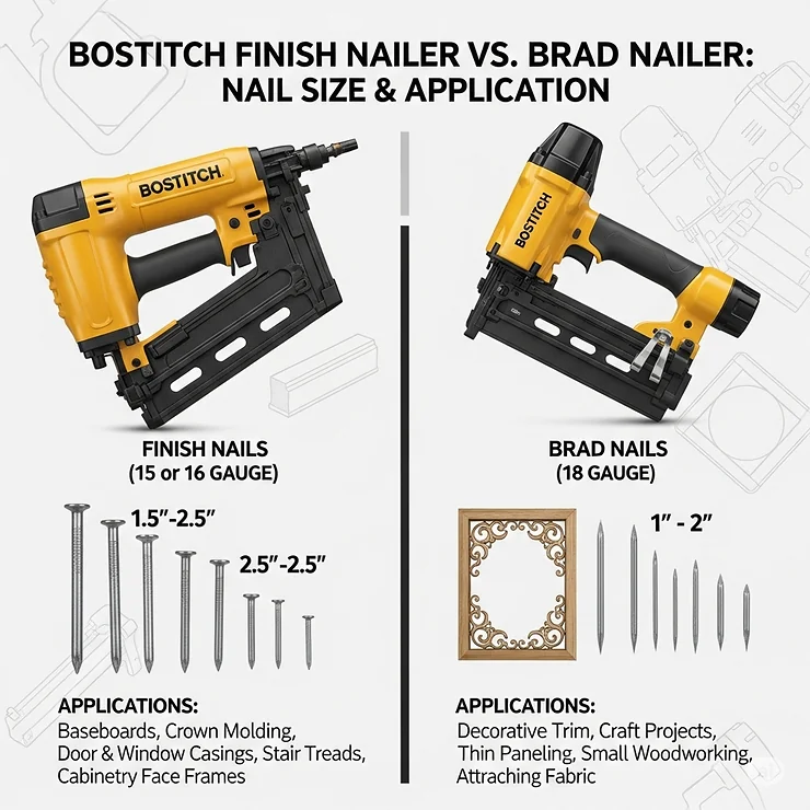 A comparative graphic that explains the difference between a Bostitch finish nail gun and a brad nailer, highlighting nail size and application.