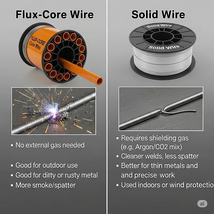 A comparison image contrasting flux-core and solid wire, explaining their uses to a beginner MIG welder.