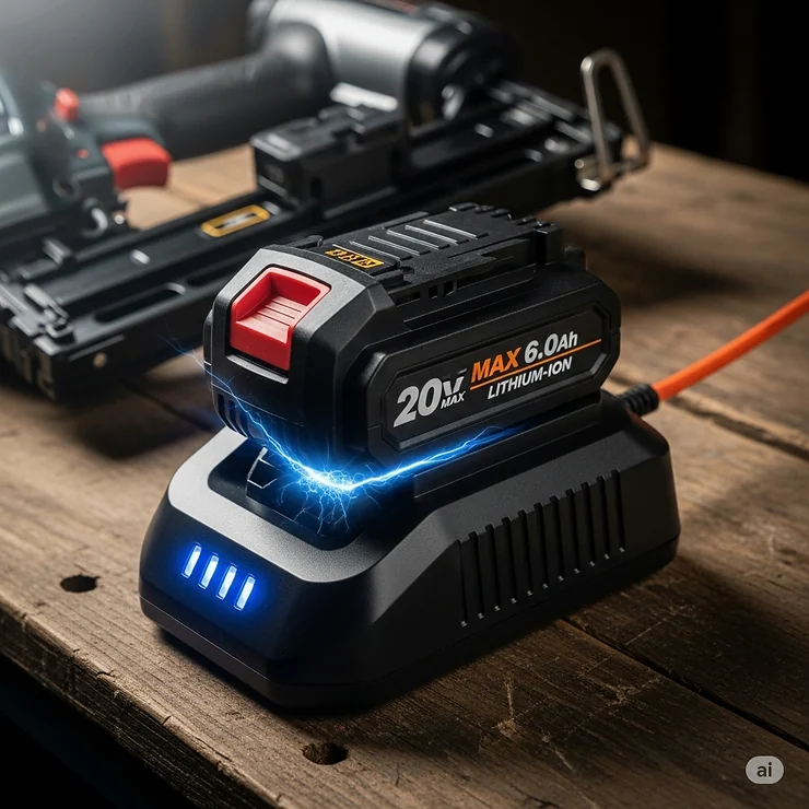 A lithium-ion battery and charger for a cordless framing nailer, highlighting its power and quick-charging capabilities.