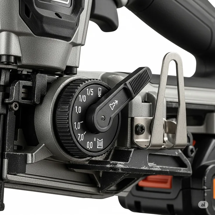 A close-up view of the tool-free depth adjustment feature on a cordless framing nailer.