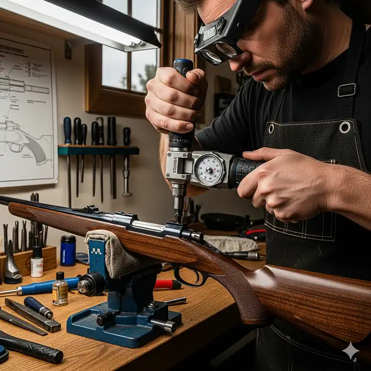 A gunsmith tightens an action screw on a rifle stock using a specialized torque screwdriver, a highly effective tool for consistent torque application.