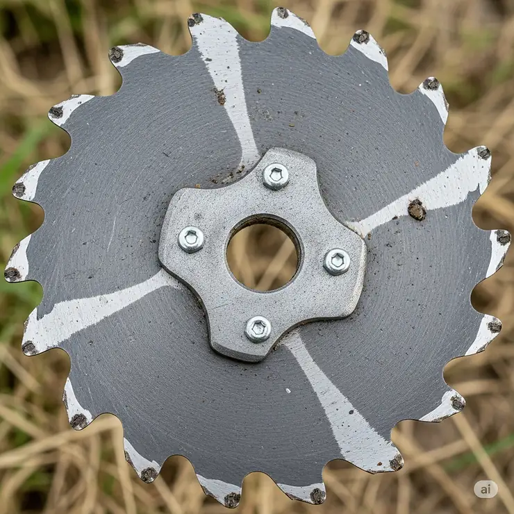 Close-up of a heavy-duty saw blade attachment for a weed eater, designed for tackling large and woody weeds.