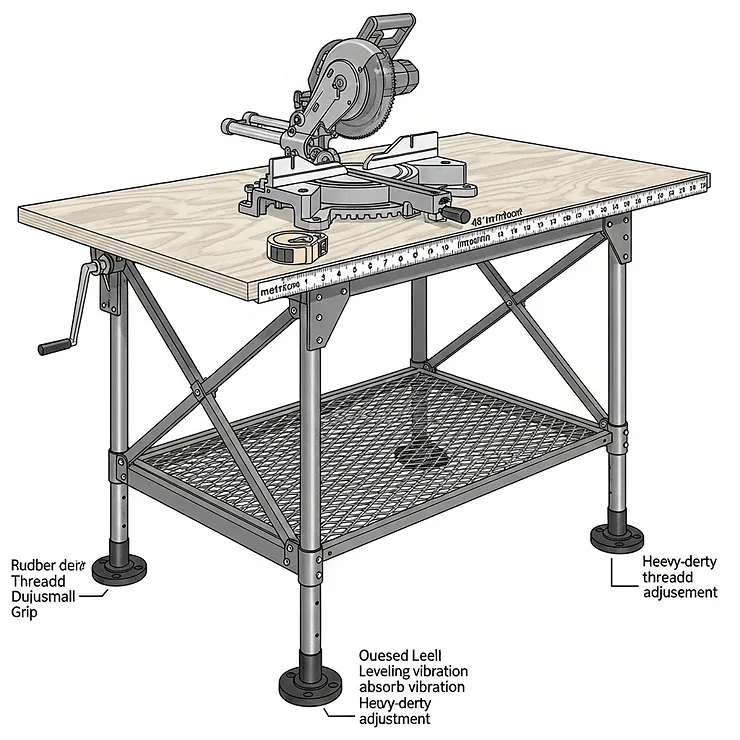 A detailed illustration of a heavy-duty saw table stand, emphasizing its reinforced construction and large work surface for professional use.