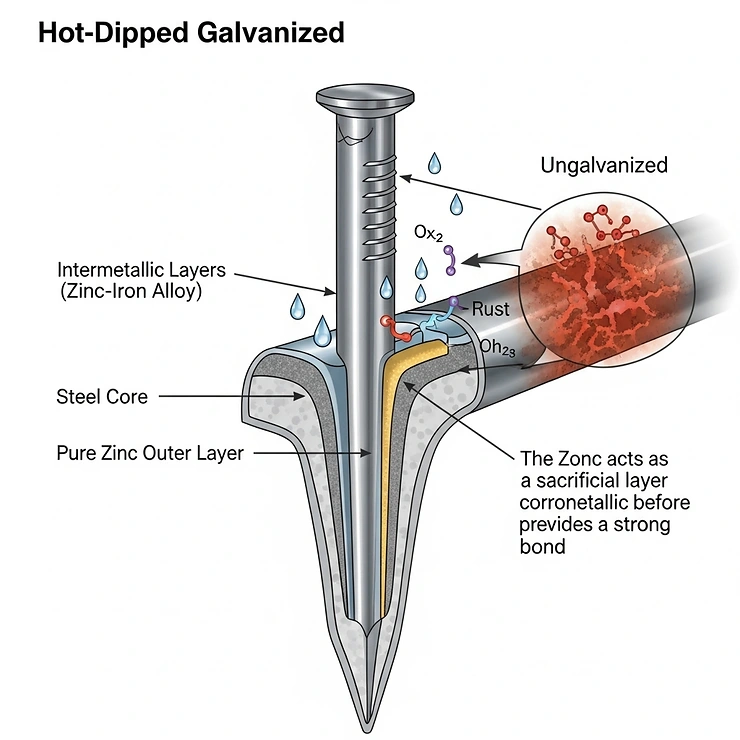 Illustration showing the protective coating on hot-dipped galvanized fence nails, explaining their resistance to corrosion and rust.