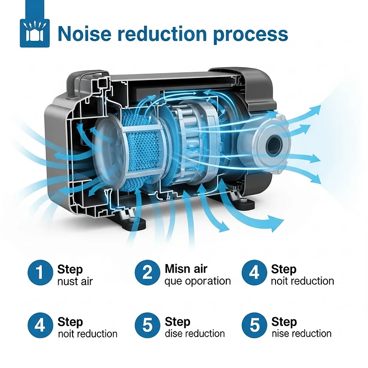 A step-by-step diagram explaining how a silent air compressor reduces noise during operation.