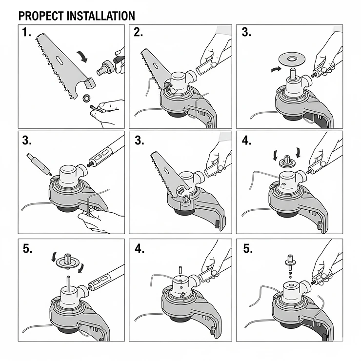 Step-by-step diagram showing the proper way to install a saw blade on a weed eater for safe and effective use.