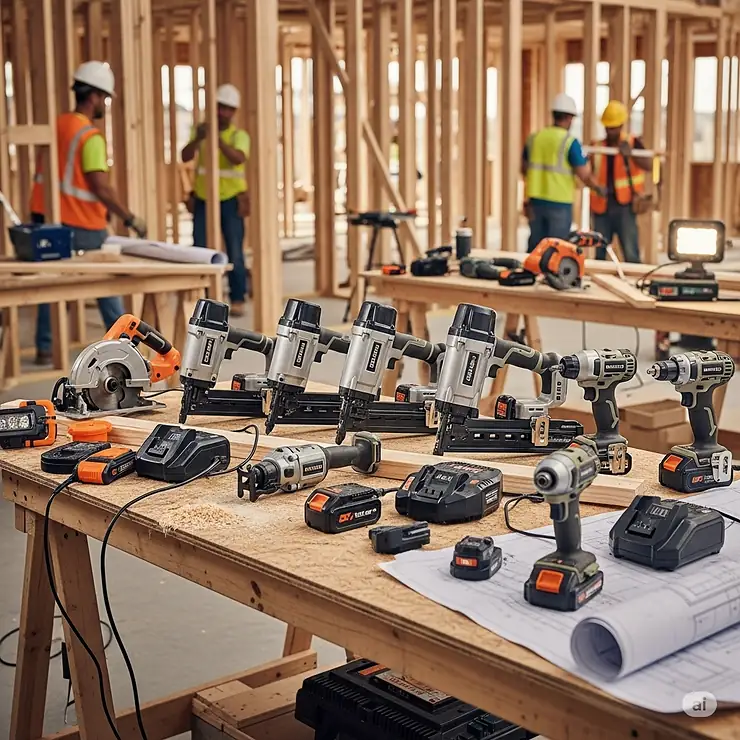 A collection of cordless finish nailers and other battery-powered tools on a job site, highlighting a full cordless ecosystem.