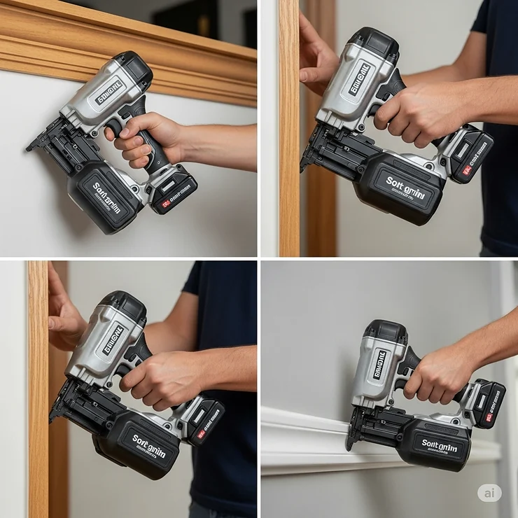 A user holding a lightweight cordless finish nailer, illustrating its ergonomic design and ease of use in various positions.