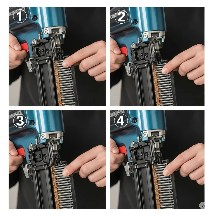 A step-by-step image guide demonstrating how to properly load an 18 gauge brad nailer magazine with a strip of nails.