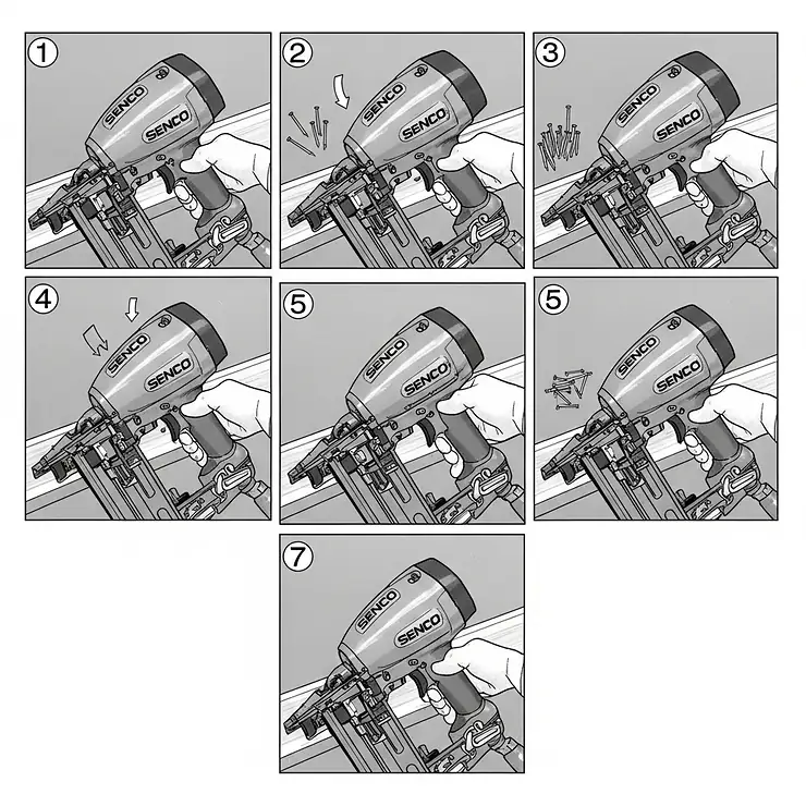 A step-by-step diagram demonstrating the correct and safe way to load strips of nails into a Senco finishing nail gun for efficient operation.