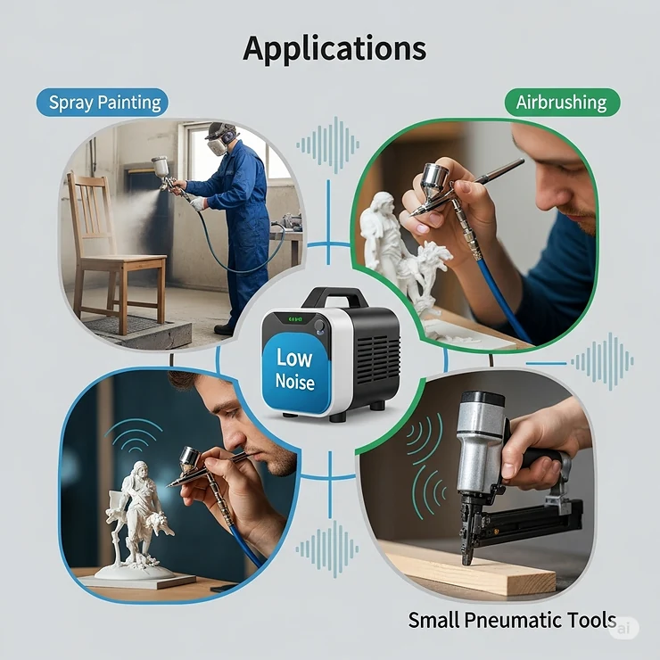 A graphic showing various uses for a low-noise air compressor, such as for spray painting, airbrushing, and small pneumatic tools.