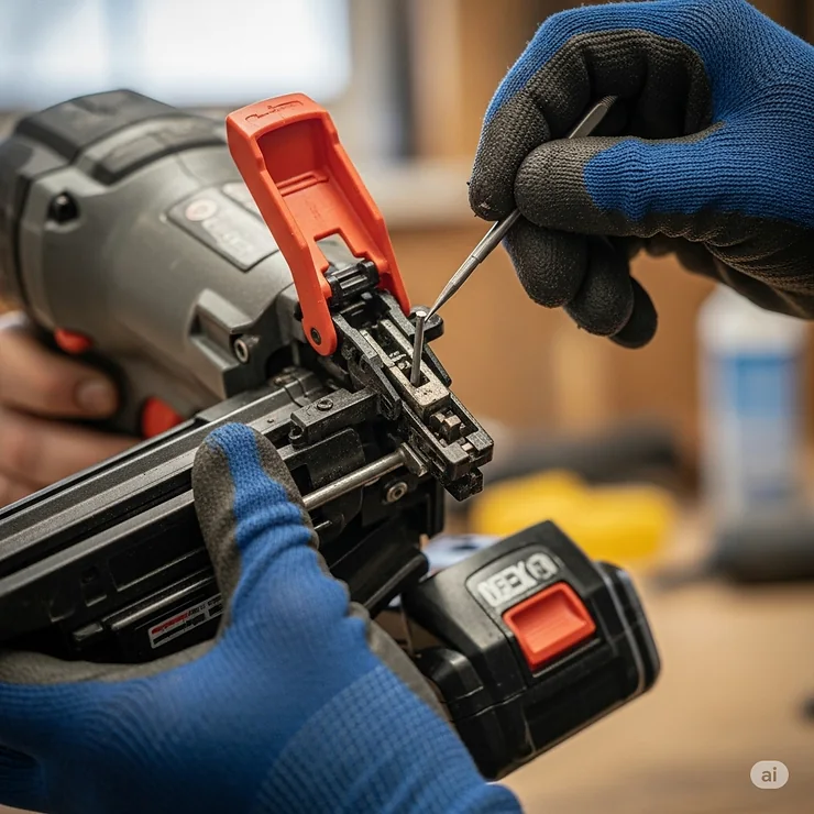 A person performing routine maintenance on a cordless nailer, such as clearing a nail jam.