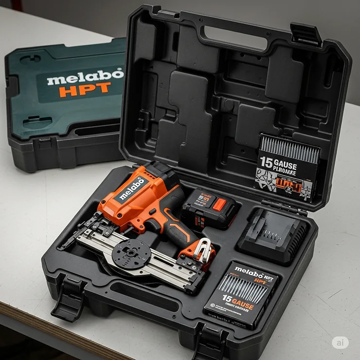 The Metabo HPT 15-gauge finish nailer neatly packed in its carrying case, highlighting the convenience and protection for storage and transportation.