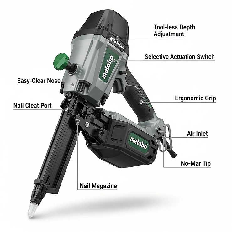 An annotated diagram of the Metabo 15-gauge finish nailer, pointing out key features like the tool-less depth adjustment, selective actuation switch, and easy-clear nose.