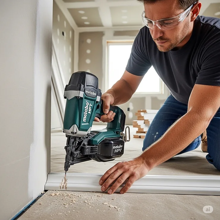 A construction worker using the Metabo HPT 15-gauge finish nailer to fasten baseboards, demonstrating its precision and ease of use in a real-world application.