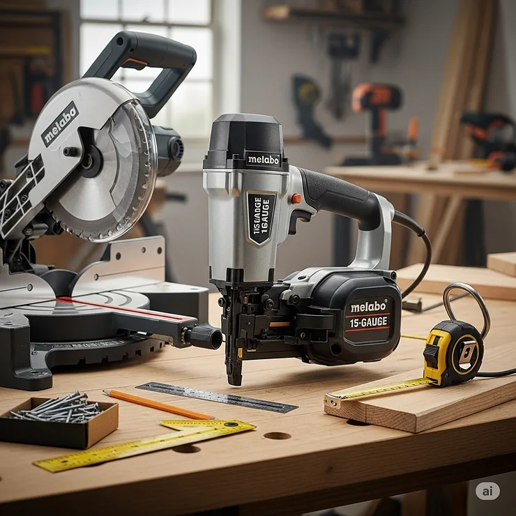 The Metabo 15-gauge finish nailer displayed alongside other essential woodworking tools, such as a miter saw and measuring tape, to represent a complete trim installation kit.