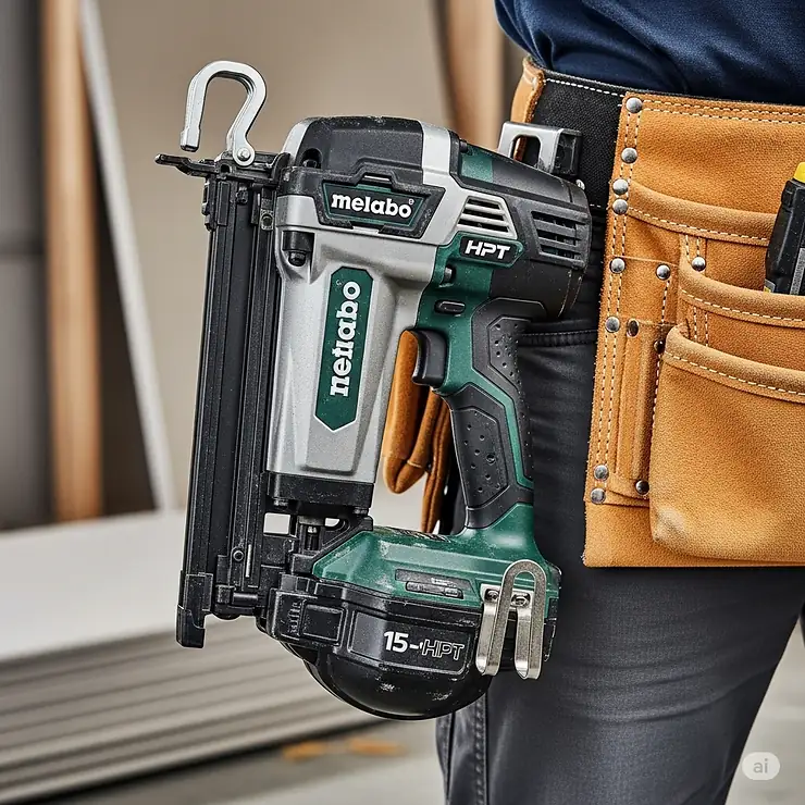 The Metabo HPT 15-gauge finish nailer hanging from a tool belt, showcasing its lightweight design and convenient belt hook for easy transport on the job site.