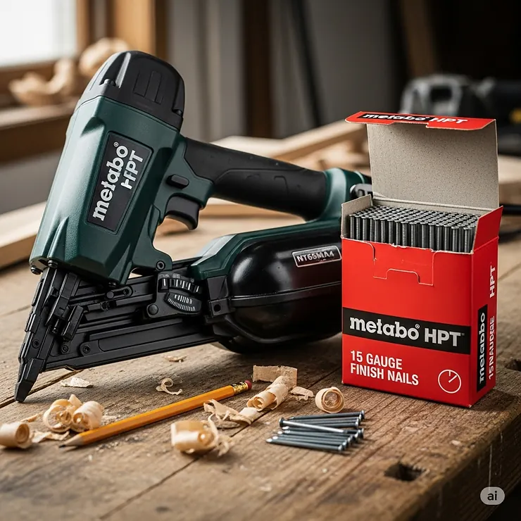 The Metabo HPT 15-gauge finish nailer next to a box of compatible 15-gauge nails, showing the complete setup required for a project.