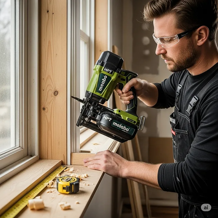 A professional uses the Metabo HPT 16-gauge cordless finish nailer to secure trim on a window frame.