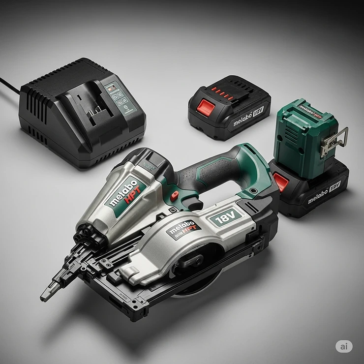 The battery and charger for the Metabo HPT 18V finish nailer, showcasing its cordless convenience.