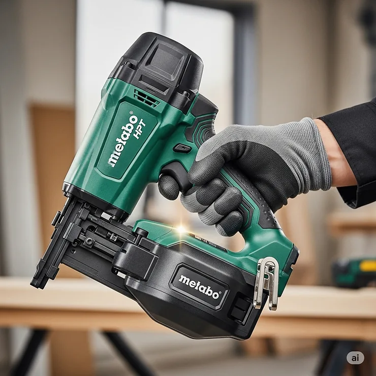 Ergonomic design of the Metabo finish nailer, highlighting the comfortable grip and balanced feel.