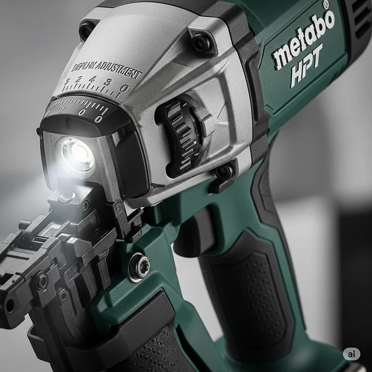 Close-up of the key features of the Metabo HPT finish nailer, including the depth adjustment and LED light.