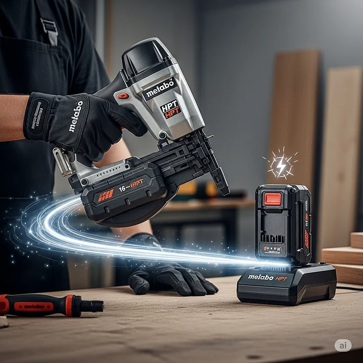 The Metabo HPT 16-gauge nailer's powerful battery system, emphasizing its long run-time and quick charging capabilities.
