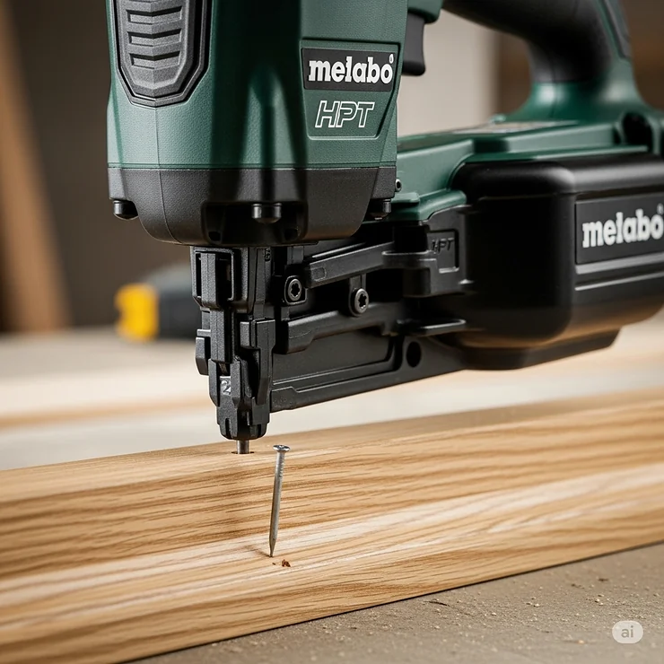 A close-up shot of the Metabo HPT 16-gauge finish nailer driving a nail into a piece of wood, showing the clean, precise finish.