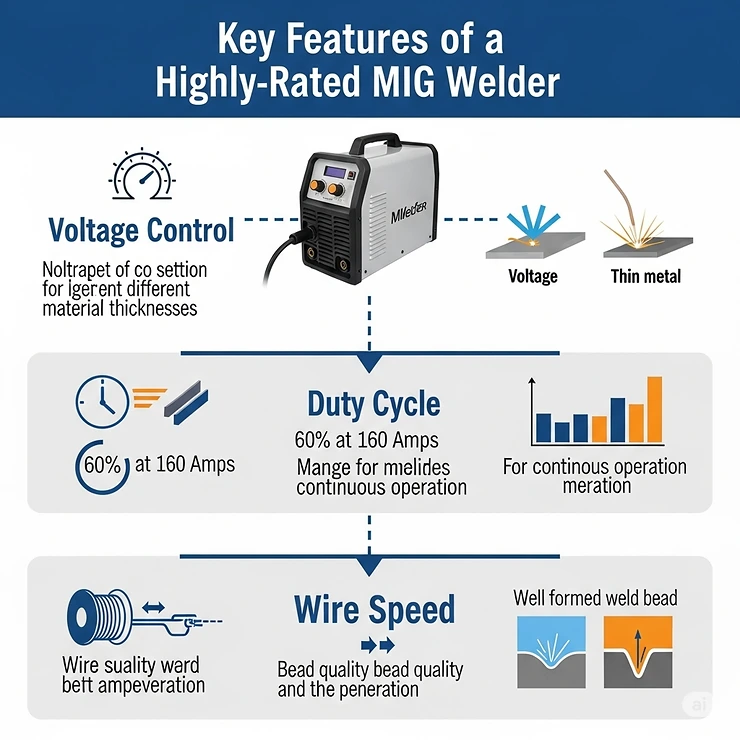 An infographic illustrating the key features of a highly-rated MIG welder, including voltage control, duty cycle, and wire speed.