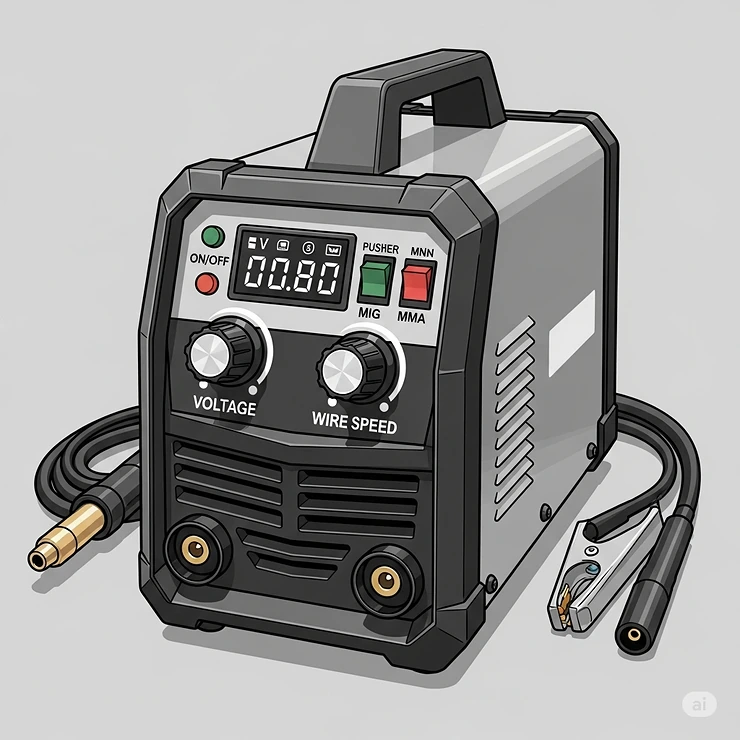 An illustration of a user-friendly, compact MIG welder designed for hobbyists and beginners, with simple controls and a clear display.