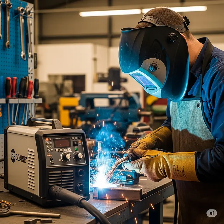 A skilled technician in a welding helmet using a top-rated MIG welder to join two pieces of metal in a workshop environment. The image highlights the welder's performance and ease of use.