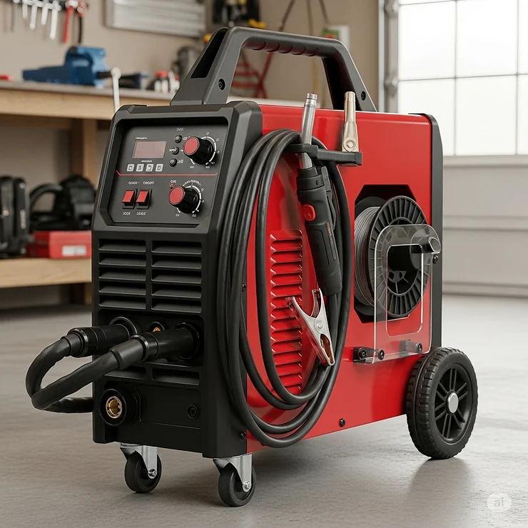 An image showing a portable MIG welder with a handle and wheels, suitable for on-site jobs and garage workshops.