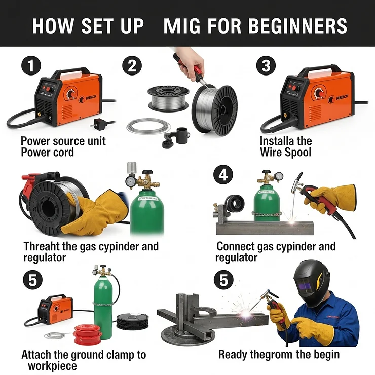 Step-by-step instructions on how to properly set up a MIG welder, tailored for beginners.