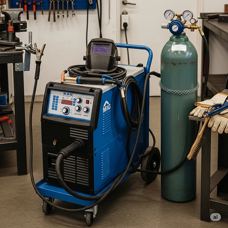 A complete MIG welding setup, showing a high-quality MIG welder machine connected to a large gas cylinder, essential for effective shielding in MIG welding.