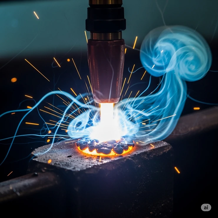 A detailed shot of the glowing arc during MIG welding, showing how shielding gas protects the weld puddle from atmospheric contaminants.