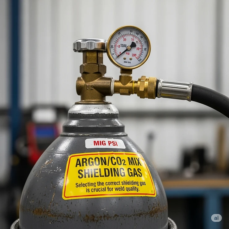 A close-up of a gas cylinder used for MIG welding, labeled with the type of gas, emphasizing the need to choose the right shielding gas.