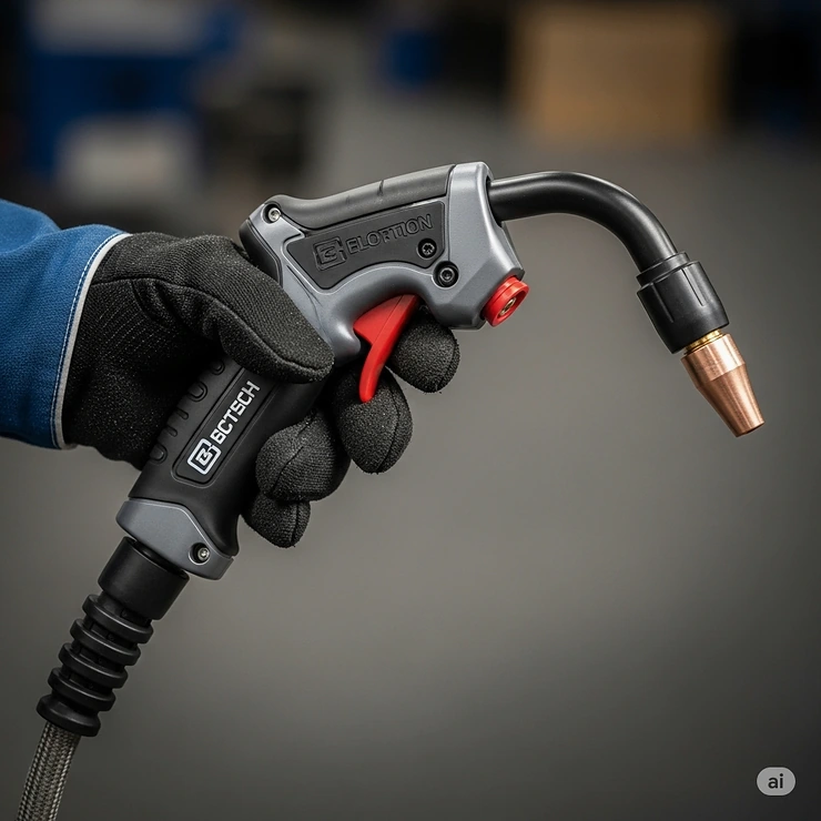 A detailed image of a comfortable, ergonomic MIG welding gun (torch) and its cable. The design and quality of the gun are key factors when choosing the best MIG welder.
