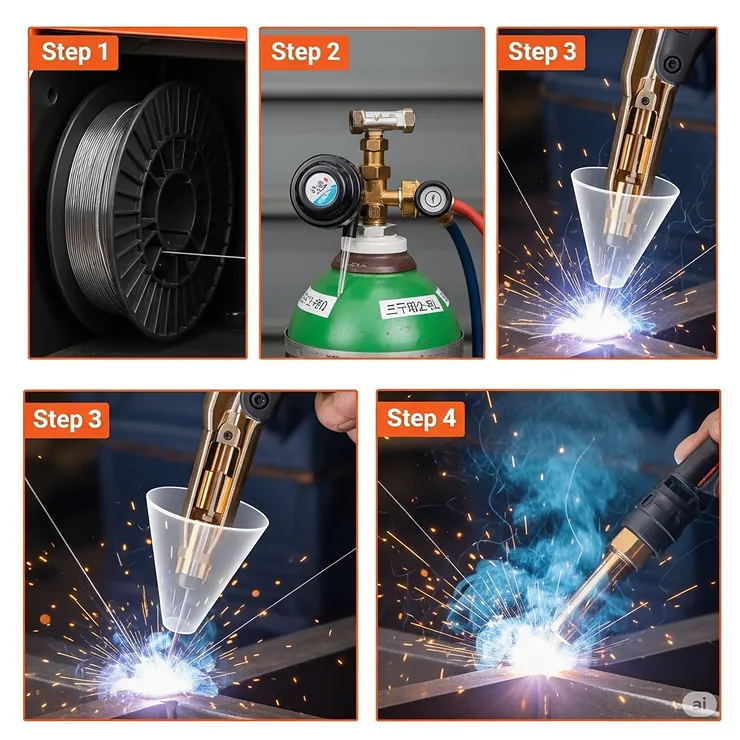 A step-by-step visual of the MIG welding process, showing the wire feeding from the machine, the gas shielding the weld puddle, and the arc connecting to the workpiece. This helps to visualize the process for a new welder.
