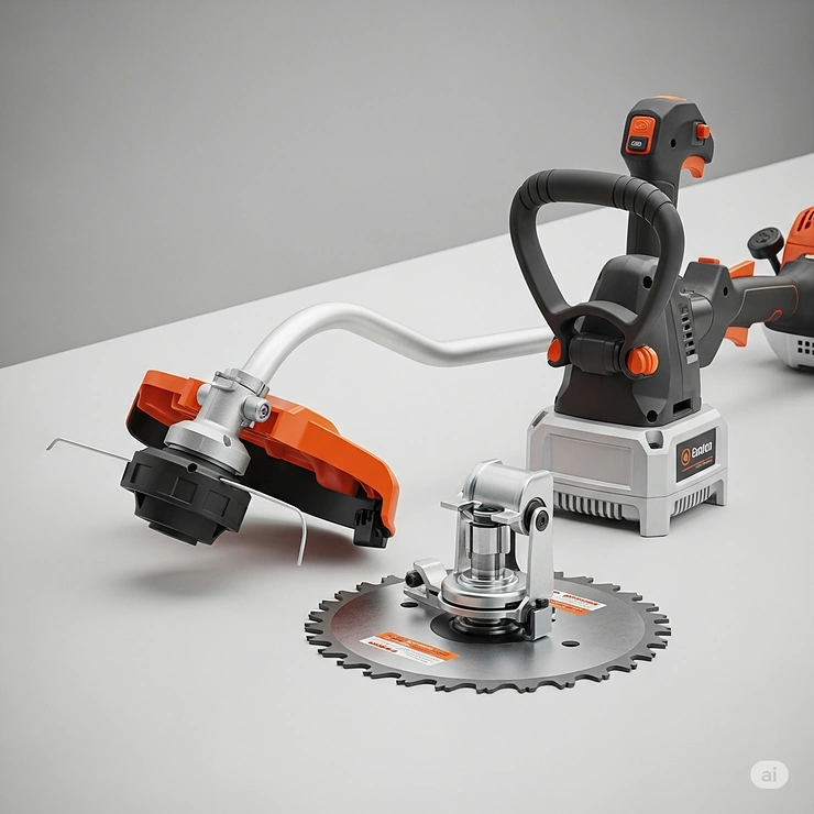 An image of a multi-tool system, featuring a weed eater with a detachable saw blade for versatile landscaping tasks.