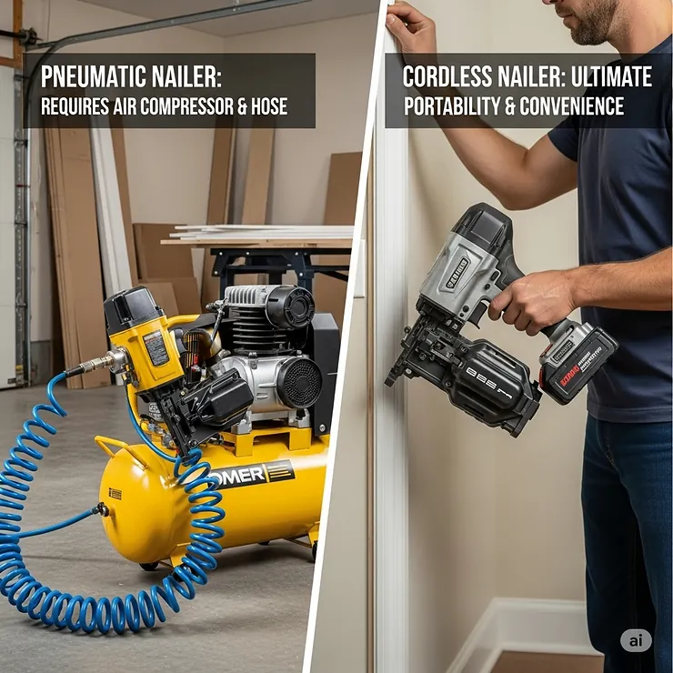 A comparison of a pneumatic and cordless finish nailer, emphasizing the convenience of the cordless model without an air compressor.