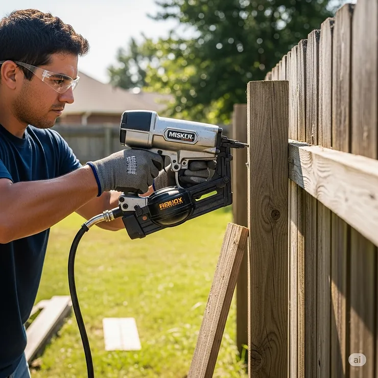 A safety-focused image of a worker wearing gloves and safety glasses while operating a nail gun for fence repair, emphasizing proper usage.